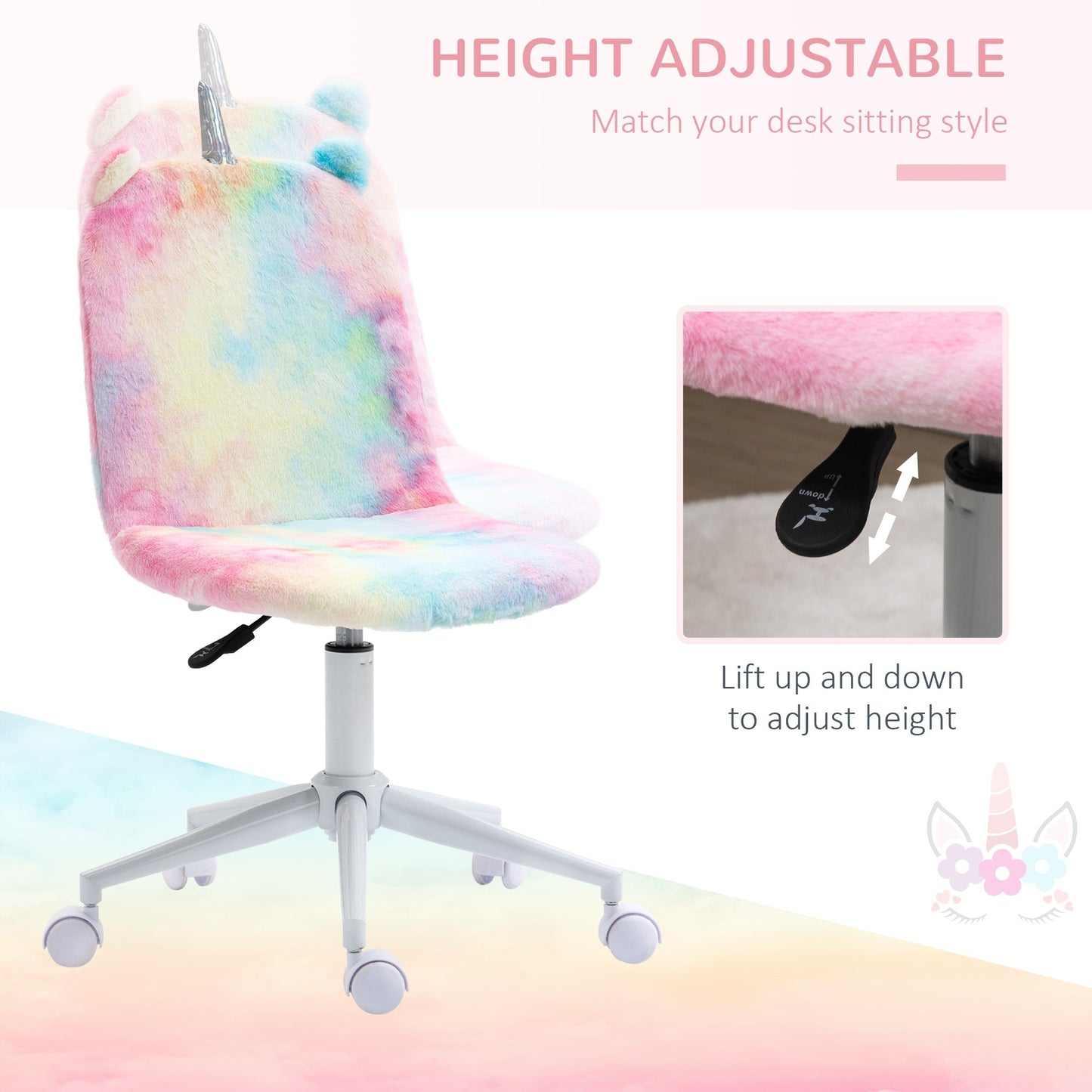 Vinsetto Fluffy Unicorn Office Chair with Swivel Wheel, Cute Desk Chair, Rainbow