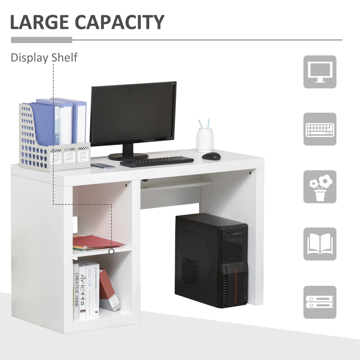 Rectangle Computer Desk Thick Board with Shelves Home Office Table, White