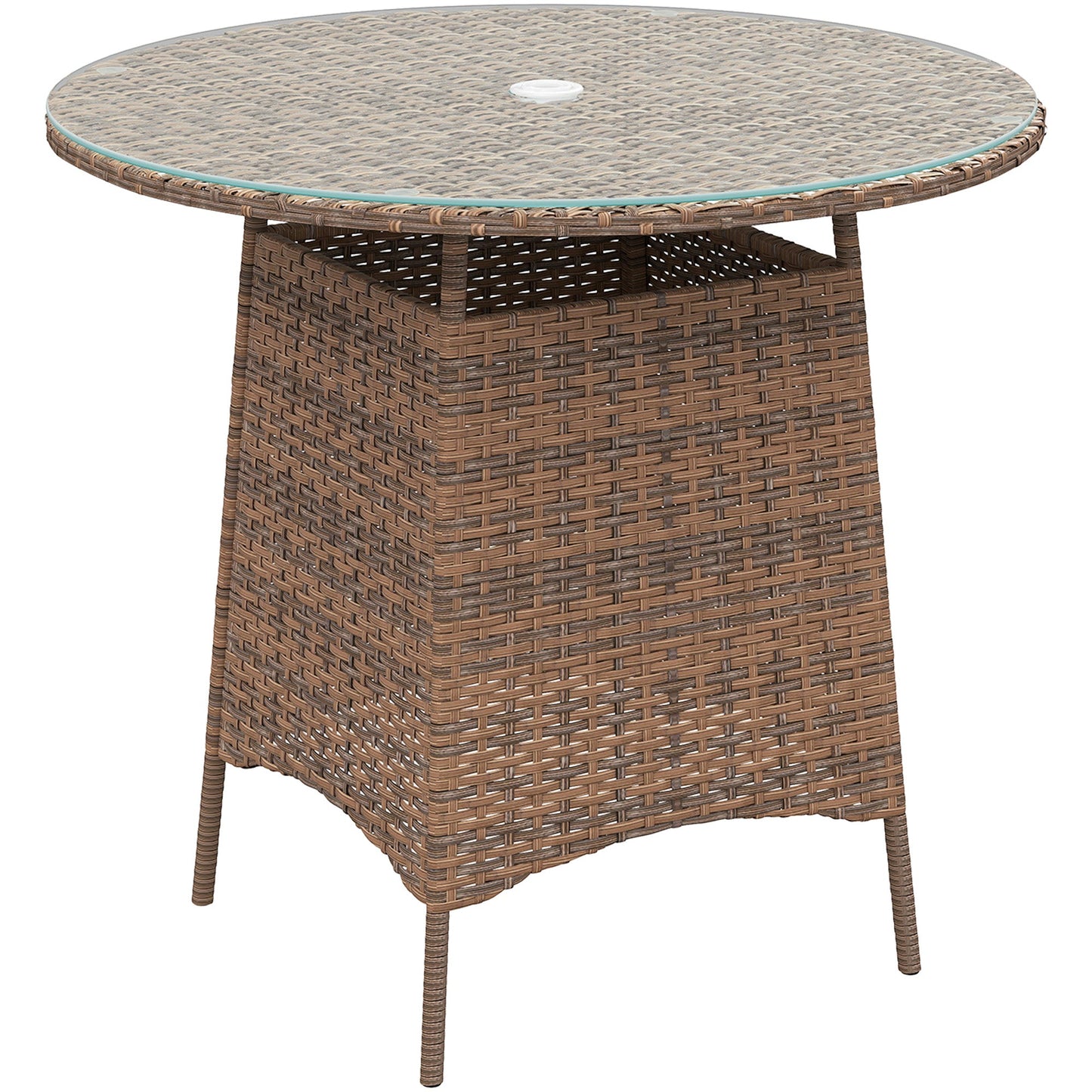 Outsunny Wicker Garden Rattan Table, Patio Furniture Outdoor Coffee Table z otworem na parasol i blatem ze szkła hartowanego, brązowy