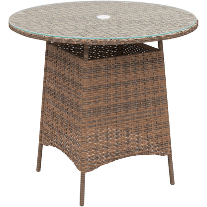 Outsunny Wicker Garden Rattan Table, Patio Furniture Outdoor Coffee Table z otworem na parasol i blatem ze szkła hartowanego, brązowy