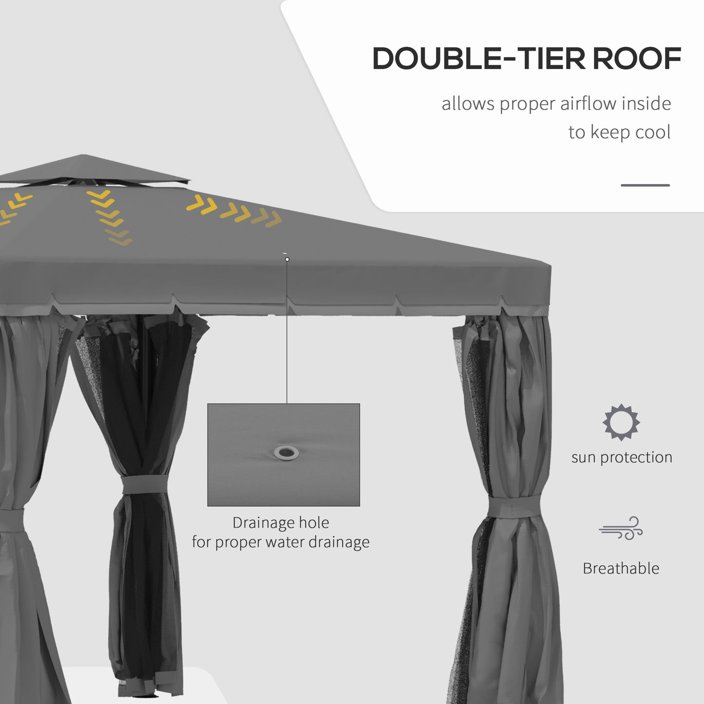 Outsunny 3 x 3(m) Patio Altana Baldachim Pawilon ogrodowy Namiot schronienie namiot z 2-poziomowym dachem hydrofobowym, moskitierą i zasłonami, aluminiowa rama, ciemnoszary