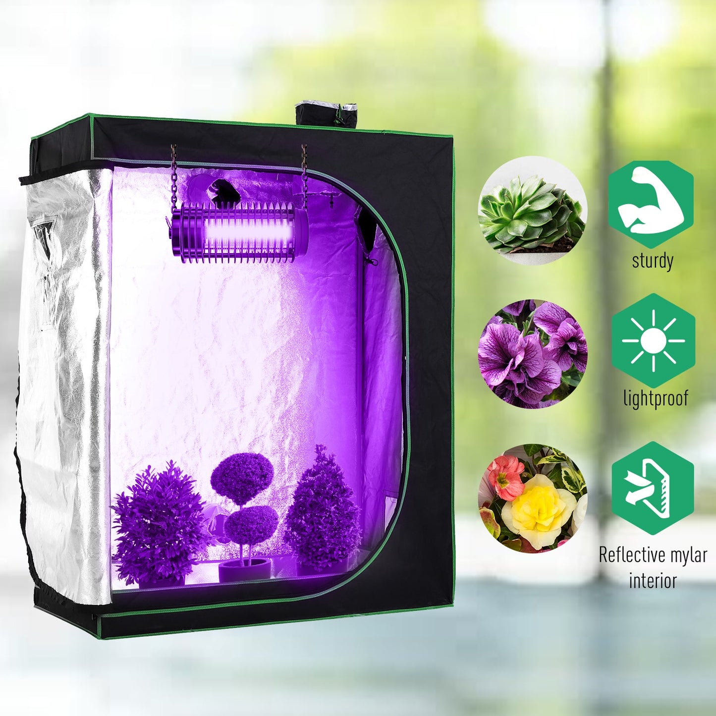 Outsunny Grow Tent odblaskowy Mylar Hydroponiczny z regulowanymi otworami wentylacyjnymi i tacką podłogową do uprawy roślin w pomieszczeniach, 120 x 60 x 150 cm (47" x 23,5" szer. x 59")