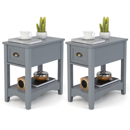 Rectangular Nightstand Set of Two with 1 Drawer 1 Storing Shelf and 4 Solid Rubber wood Legs-Grey