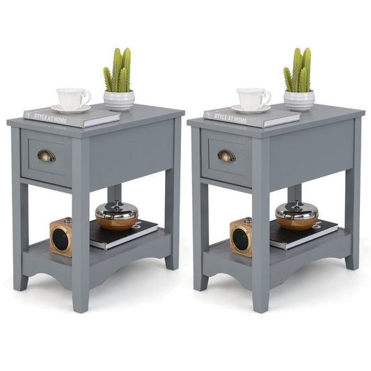 Rectangular Nightstand Set of Two with 1 Drawer 1 Storing Shelf and 4 Solid Rubber wood Legs-Grey