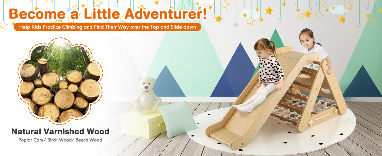 4-in-1 Wooden Triangle Climbing Set with Ramp Sliding Board-Natural