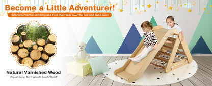 4-in-1 Wooden Triangle Climbing Set with Ramp Sliding Board-Natural