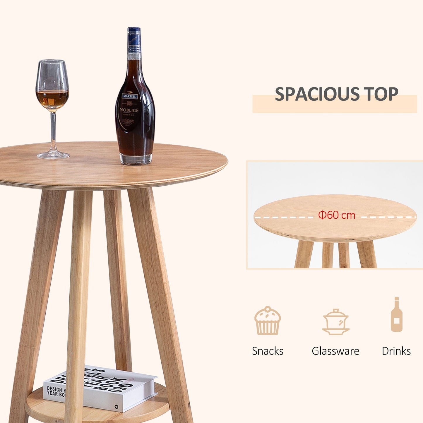 Round Cocktail Bar Table Dinning Table with Wood Legs for Pub, Dining Room, Kitchen & Home bar