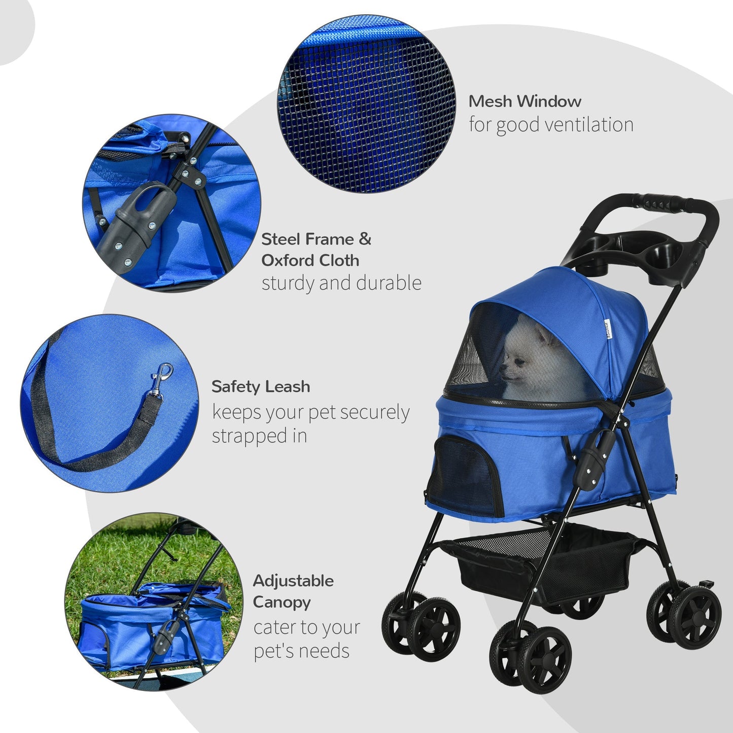 PawHut Pet Stroller Dog Cat Travel Pram Pushchair One-Click Fold Trolley Jogger with EVA Wheels Brake Basket Adjustable Canopy Safety Leash Blue