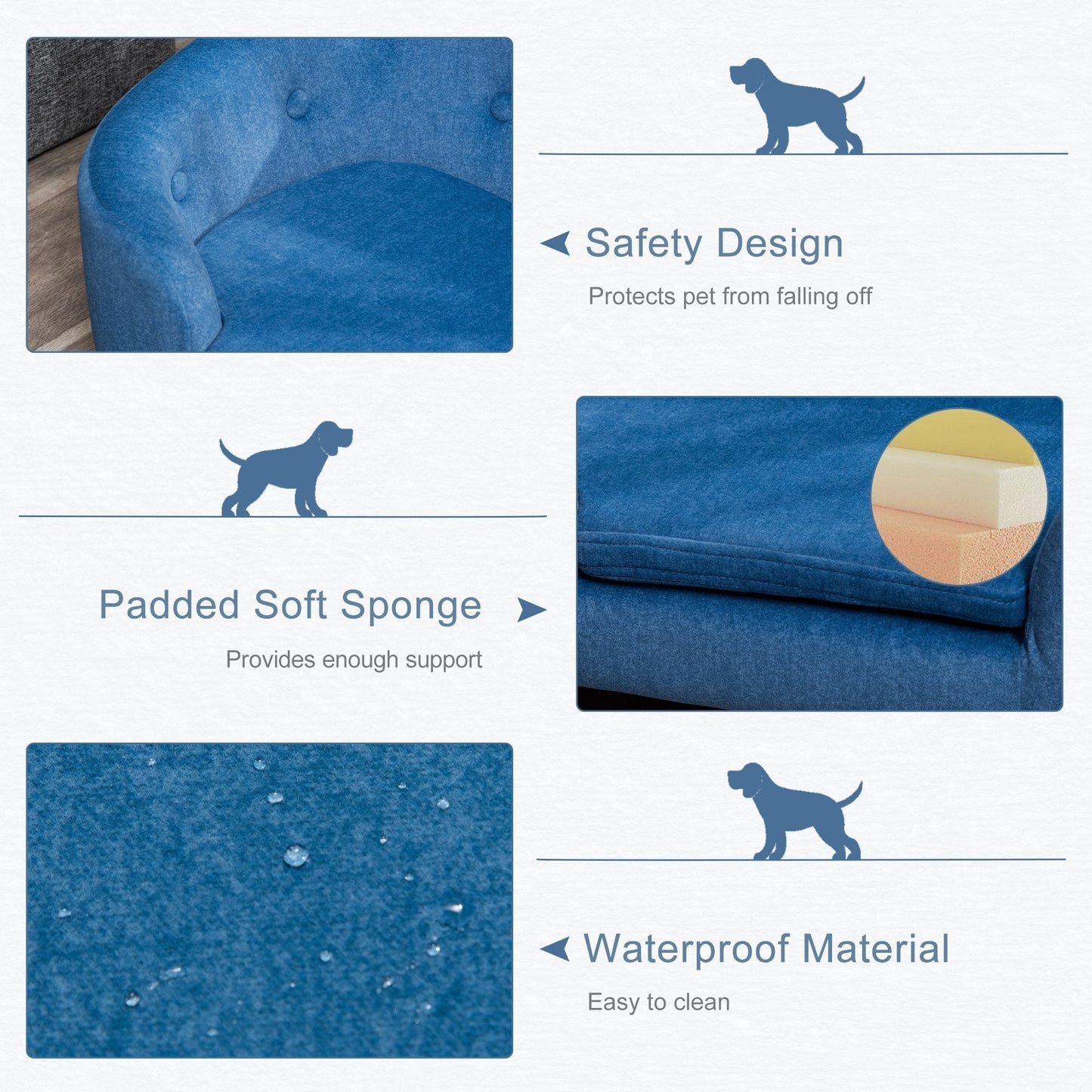 PawHut Pet Sofa Puppy Kitten Lounge, w/ Wooden Frame, Washable Cushion, Blue