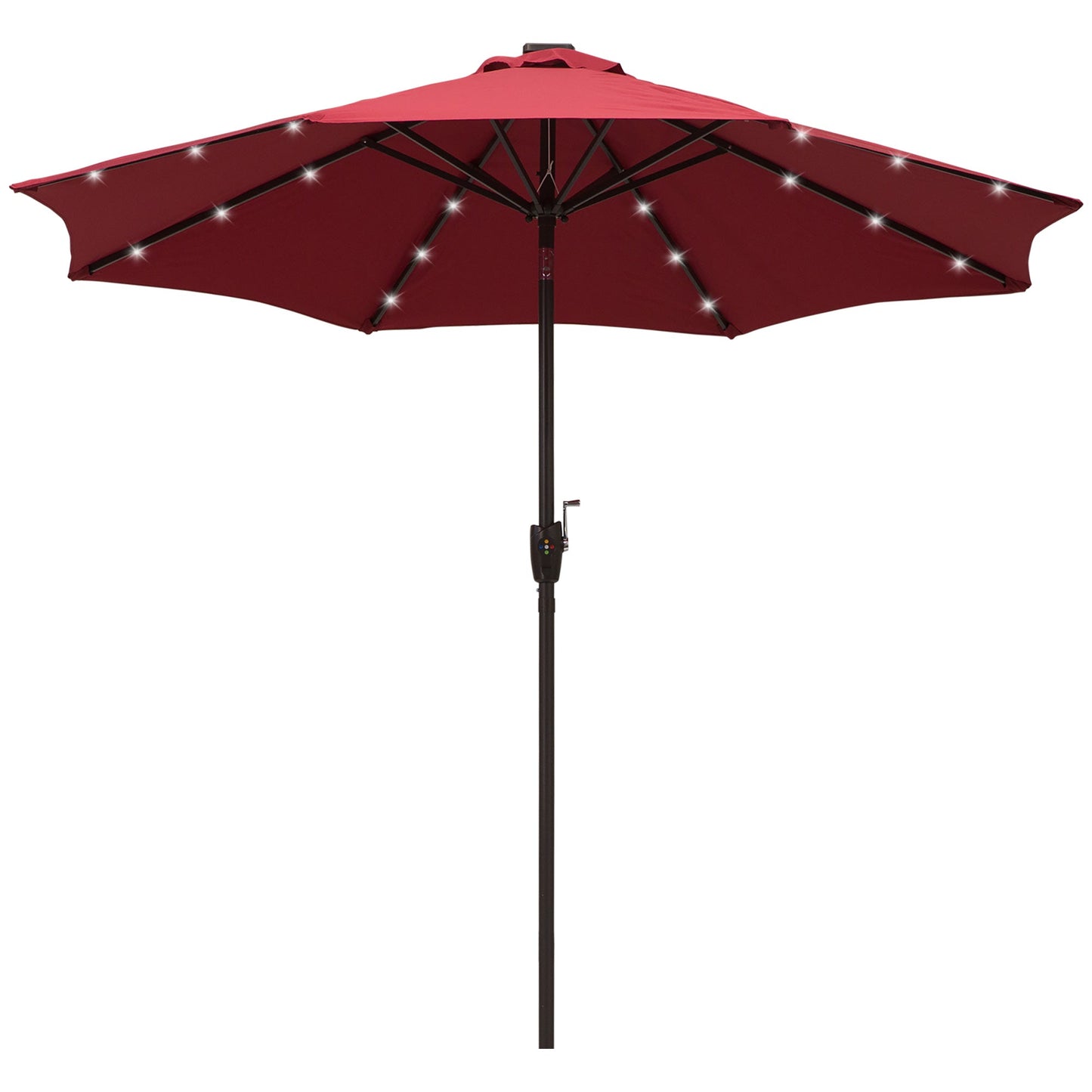 Outsunny Φ2.7m Garden 24 LED Light Parasol Solar Outdoor Tilt Sun Umbrella Patio Club Party Event Manual Sun Shade w / Hand Crank and 8 Ribs Red