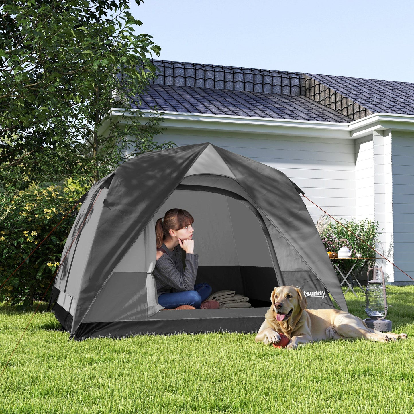 Outsunny 3-4 Person Camping Tent, Easy Set Up 3-4 Man Tent w/ Sewn-in Groundsheet, Waterproof Dome Tent w/ Mesh Windows, Grey