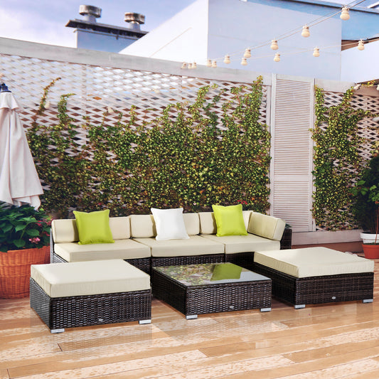 Outsunny 6 PC Rattan Sofa Coffee Table Set Sectional Wicker Weave Furniture do ogrodu zewnętrznego Conservatory z poduszką Pillow Cushion Brown