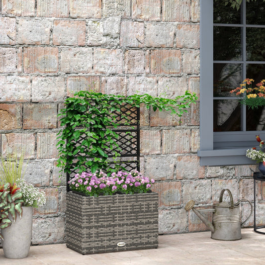 Outsunny 22 L Rattan Planter with Trellis, Freestanding Raised Beds for Garden with Two Plant Boxes, Outdoor Planter for Climbing Plants, Flowers, 57 x 30 x 107 cm, Mixed Grey