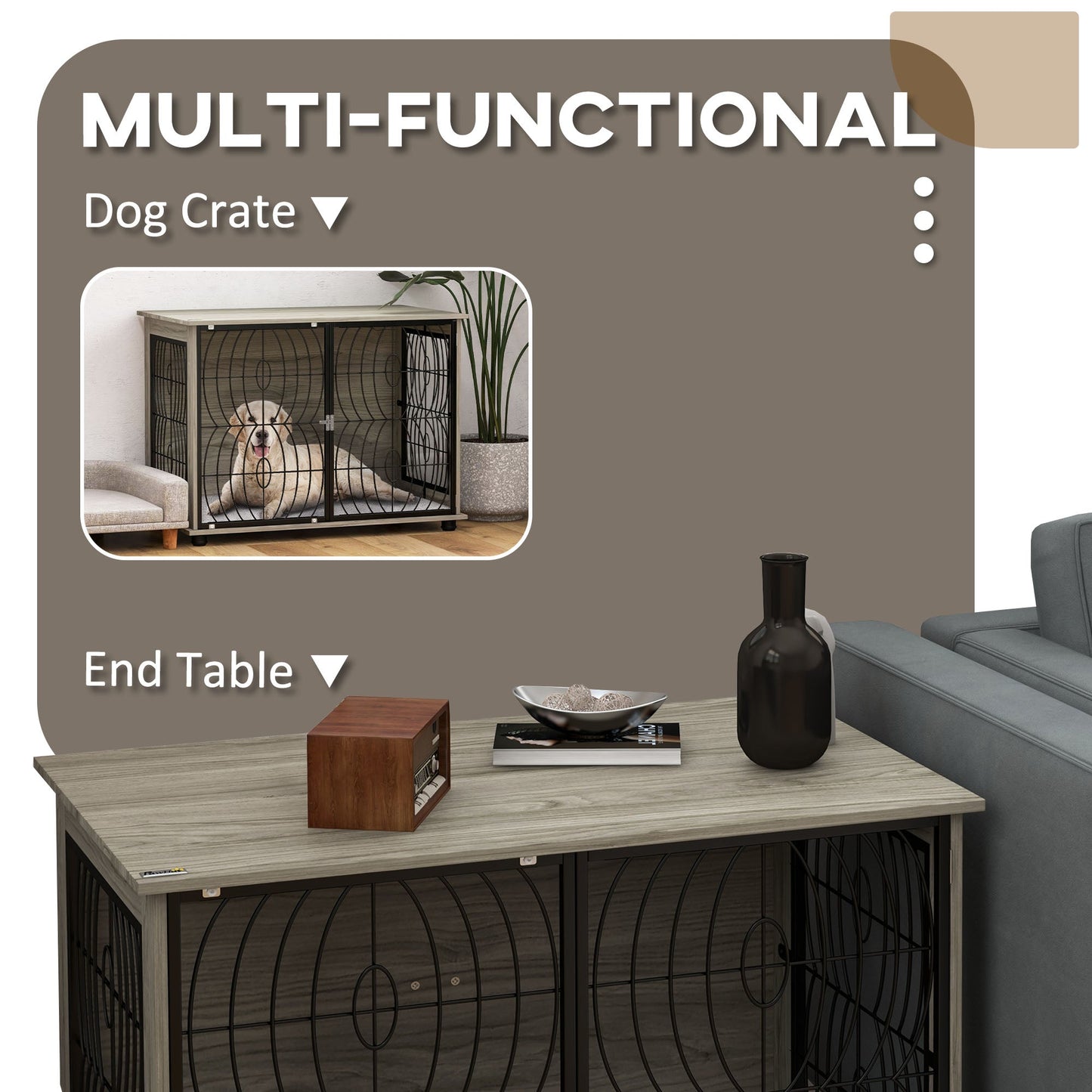 PawHut 37" Indoor Dog Crate Furniture End Table w/ Plush Washable Cushion, Lockable Door, for Large Size Dogs