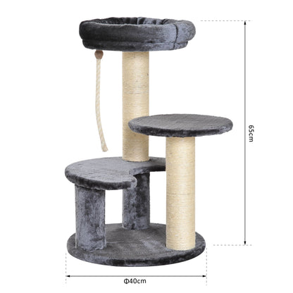 Pawhut 65 cm Cat Tree Kitty Scratcher Kitten Activity Center Scratching Post Playhouse 2 Perch w/Hanging Sisal Rope Grey