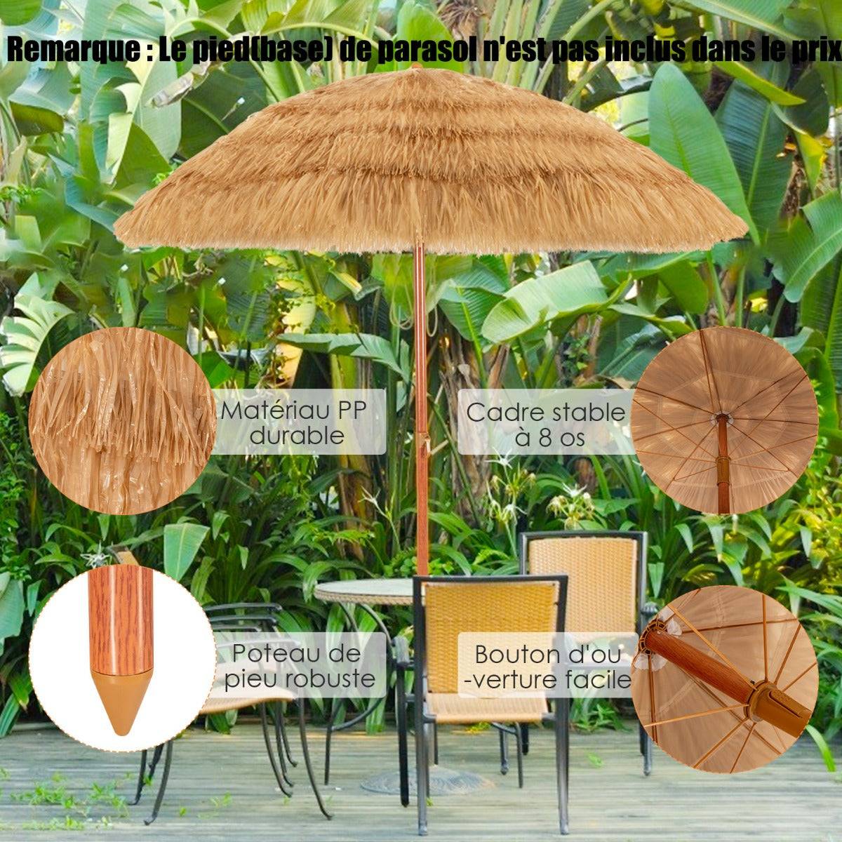 2M PP Straw Tilting Parasol with Sand Mount Hawaiian Style Thatched Roof 2 Detachable Parts for Beach Courtyard Pool