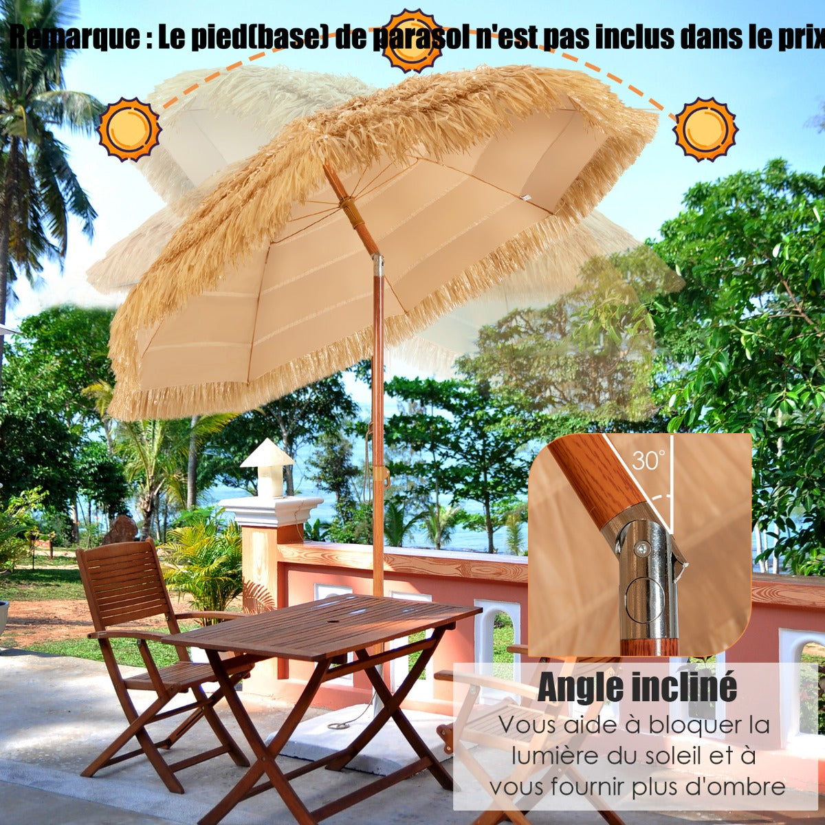 2M PP Straw Tilting Parasol with Sand Mount Hawaiian Style Thatched Roof 2 Detachable Parts for Beach Courtyard Pool
