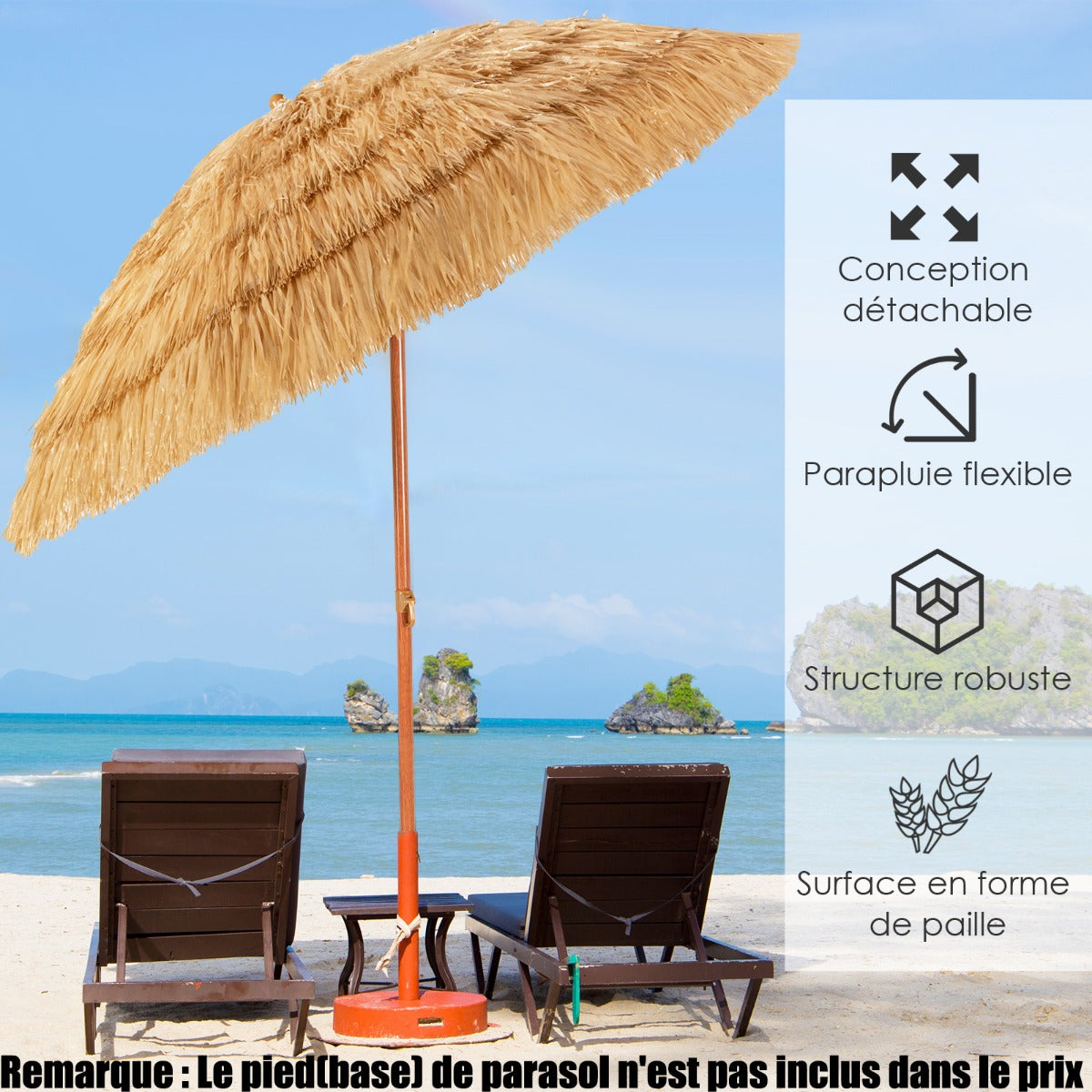 2M PP Straw Tilting Parasol with Sand Mount Hawaiian Style Thatched Roof 2 Detachable Parts for Beach Courtyard Pool