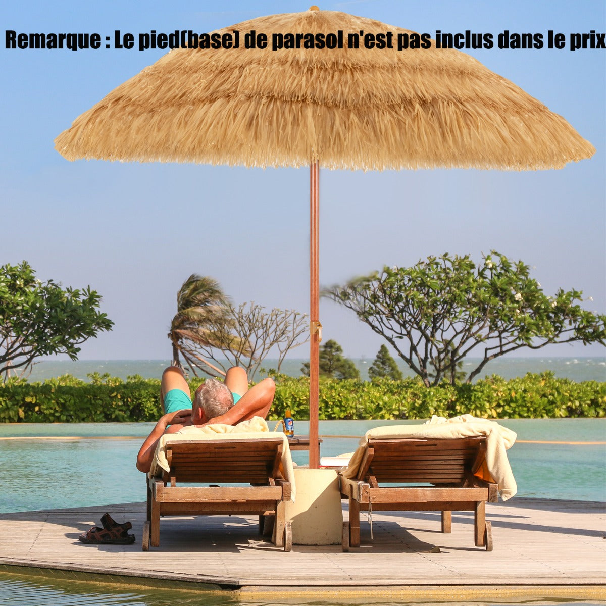 2M PP Straw Tilting Parasol with Sand Mount Hawaiian Style Thatched Roof 2 Detachable Parts for Beach Courtyard Pool