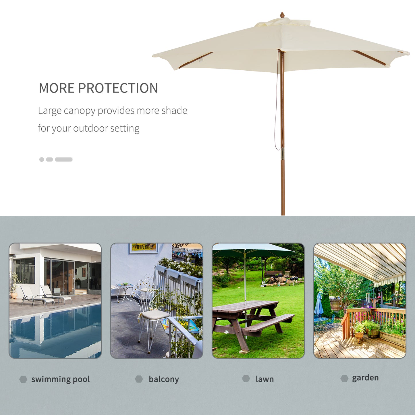 Outsunny 2,5 m Drewniany Parasol Ogrodowy Patio Zewnętrzny Drewniany Baldachim Parasola, Stołowy Parasol Rynkowy z Otworami, Słup 38 mm, Mechanizm Linowy, Kremowo-Biały