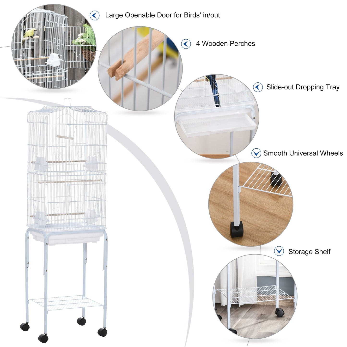 PawHut Bird Cage Budgie Cages for Finch Canary Parakeet with Stand Wheels Slide-out Tray Accessories Storage Shelf, White 46.5 x 36 x 157 cm