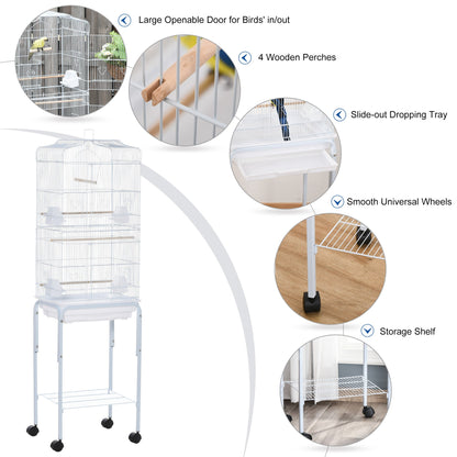 PawHut Bird Cage Budgie Cages for Finch Canary Parakeet with Stand Wheels Slide-out Tray Accessories Storage Shelf, White 46.5 x 36 x 157 cm