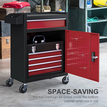 Rolling Tool Cabinet on Wheels with 5 Drawers and Lockable Cabinet, Portable Top Tool Chest and Roller Cabinet Combo for Workshop and Home, Red