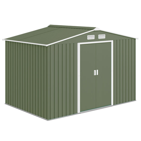 Outsunny 9 x 6ft Metal Garden Shed, Outdoor Storage Tool House with Ventilation Slots, Foundation Kit and Lockable Double Doors, Light Green