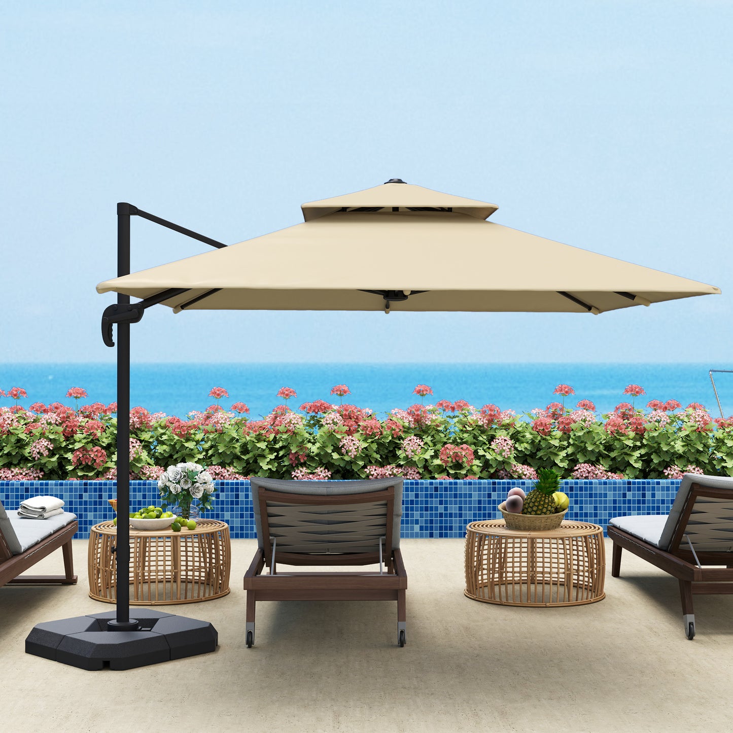 Outsunny 2.7 x 2.7(m) Cantilever Parasol with Aluminium Frame, Crank and Tilt, 360√Ç¬∞ Rotation, Double Top Garden Umbrella with Base and Cover, Khaki