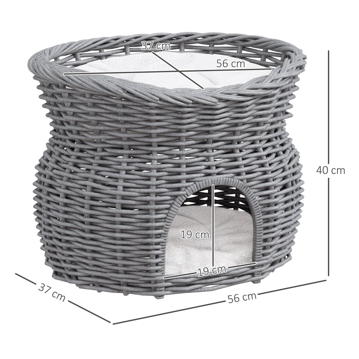 PawHut 2-Tier Wicker Cat House Elevated Pet Bed Basket Willow Kitten Tower Pet Den. Cozy Cave with Washable Cushions 56x37x40cm Grey