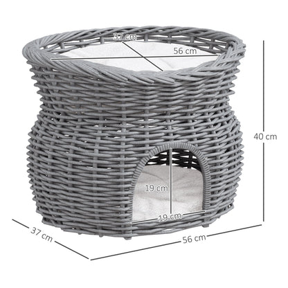 PawHut 2-Tier Wicker Cat House Elevated Pet Bed Basket Willow Kitten Tower Pet Den. Cozy Cave with Washable Cushions 56x37x40cm Grey