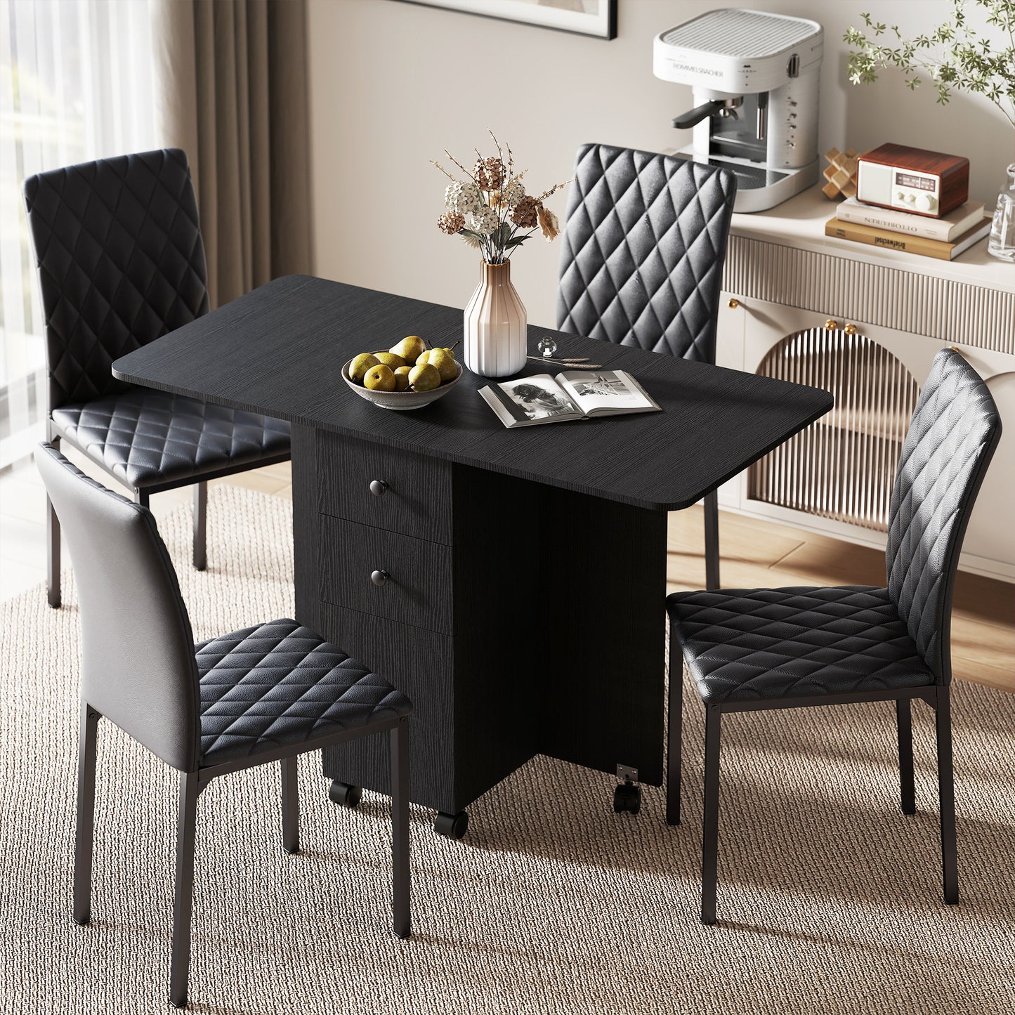 HOMCOM Dining Table Set, Folding Drop Leaf Table with Storage and 4 Chairs, Black