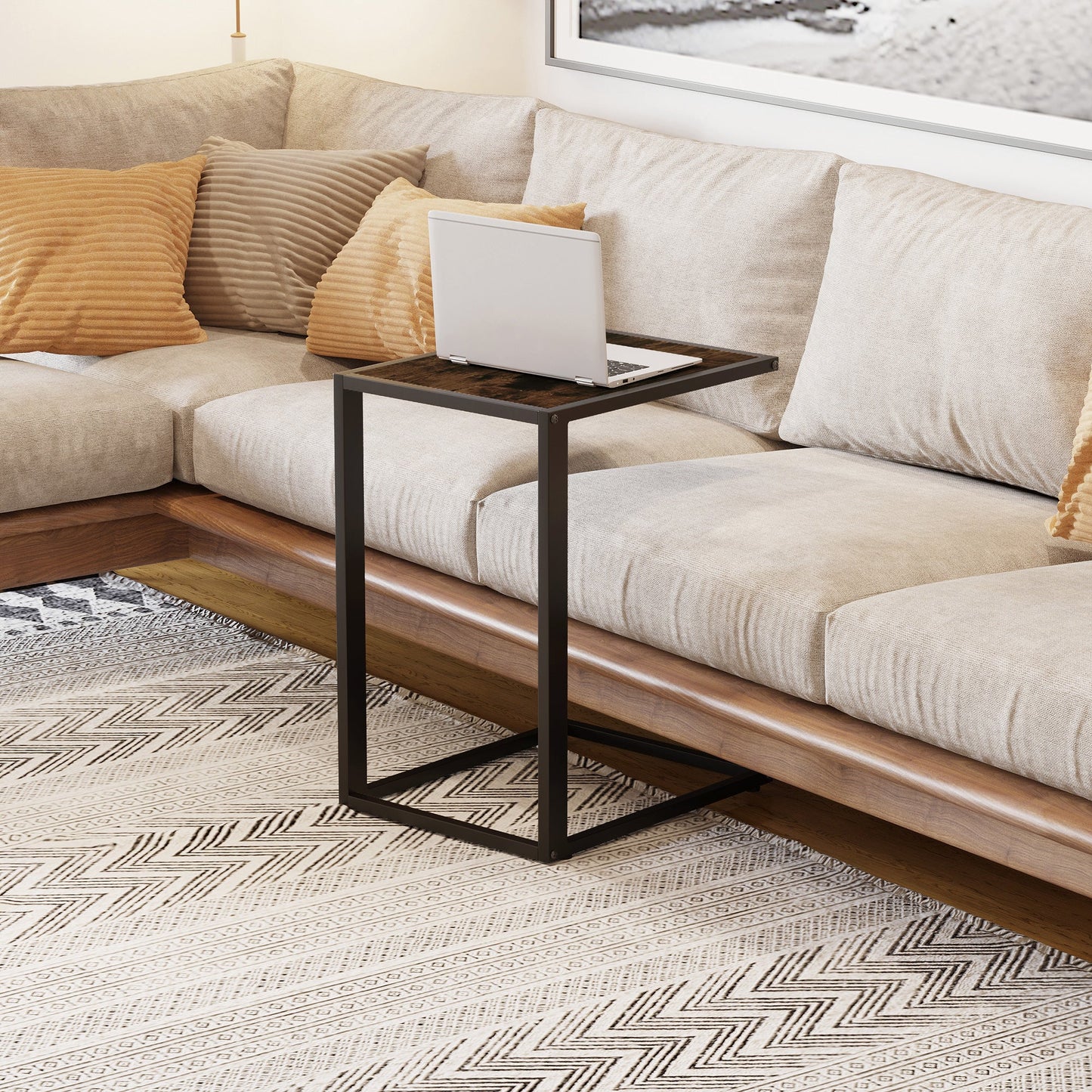 HOMCOM C-Shaped Side Table, Bedside Table with Metal Frame, Accent Sofa Couch Table for Living room, Bedroom, Brown and Black