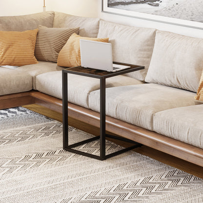 HOMCOM C-Shaped Side Table, Bedside Table with Metal Frame, Accent Sofa Couch Table for Living room, Bedroom, Brown and Black