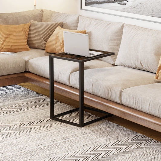 HOMCOM C-Shaped Side Table, Bedside Table with Metal Frame, Accent Sofa Couch Table for Living room, Bedroom, Brown and Black