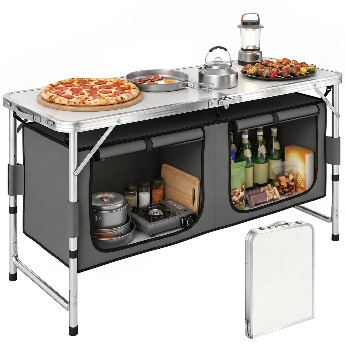 Outsunny 4ft Folding Camping Cupboard Kitchen, Height Adjustable Aluminium Camping Table with Storage, Lightweight Picnic Table for Outdoor Garden BBQ Party
