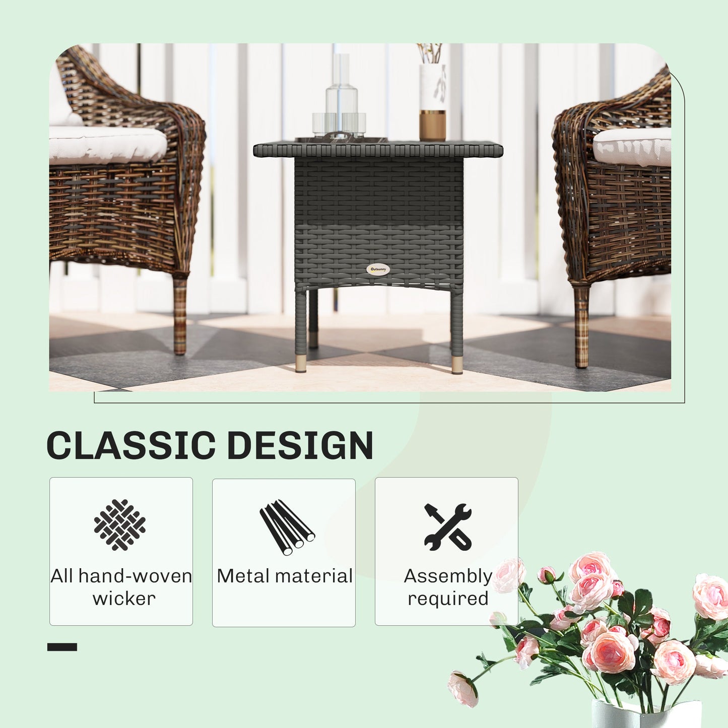 Outsunny Rattan Side Table, Outdoor Coffee Table with Plastic Board Under the Full Woven Table Top for Patio, Garden, Balcony, Grey