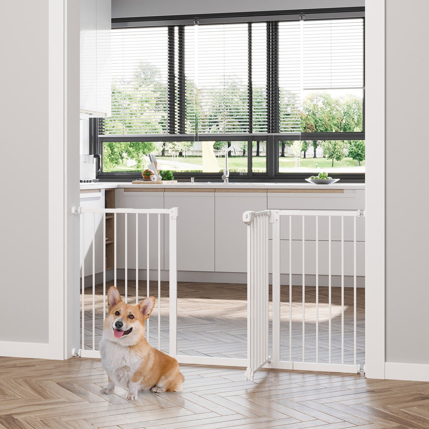 PawHut Dog Gate Stair Gate Pressure Fit Pets Barrier Auto Close for Doorway Hallway, 74-148cm Wide Adjustable, White