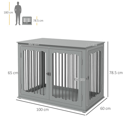 PawHut Dog Crate End Table w/ Three Doors, Furniture Style Dog Crate, for Big Dogs, Indoor Use w/ Locks and Latches - Grey