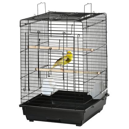 PawHut Steel Bird Cage with Openable Top, Stand, Tray, Handles, Feeding Bowls for Parakeet, Finch, Black