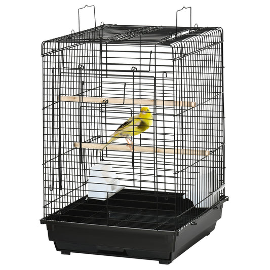 PawHut Steel Bird Cage with Openable Top, Stand, Tray, Handles, Feeding Bowls for Parakeet, Finch, Black