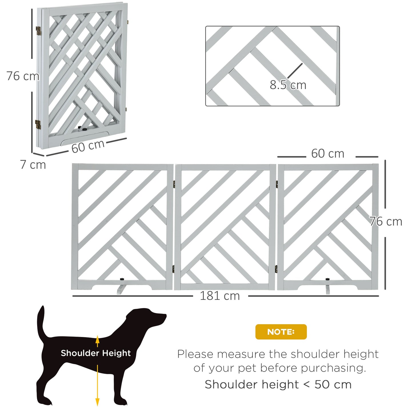 PawHut Foldable Wooden Pet Gate, with Three Panels - Grey