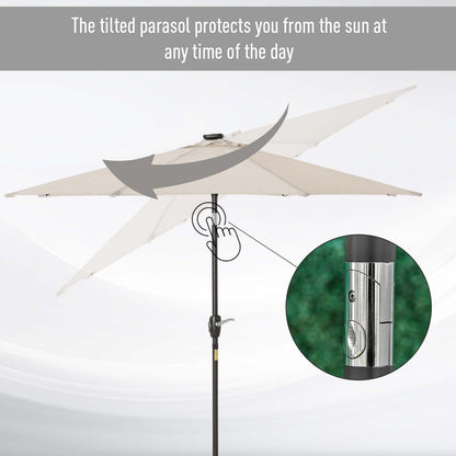 Outsunny Garden 24 LED Light Parasol Outdoor Tilt Sun Umbrella Patio Club Party Event Manual Sun Shade w/ Hand Crank Off-white