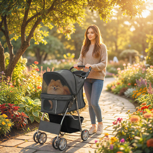 PawHut Dog Pram, Pet Stroller with Reflective Strips, Foldable Cat Stroller with 360Â° Swivel Wheels, Dark Grey