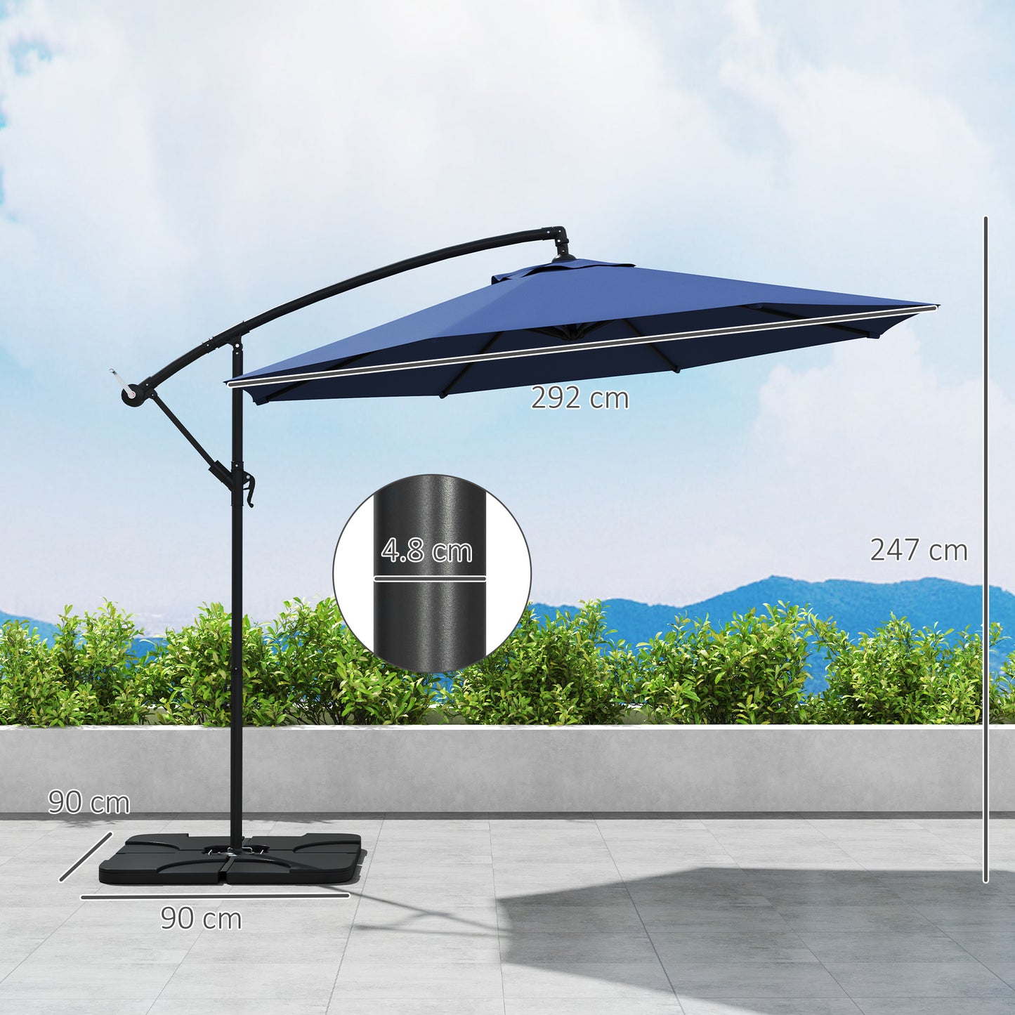 Parasol wiszący Outsunny 3m z podstawą, obciążnikami i pokrowcem – niebieski