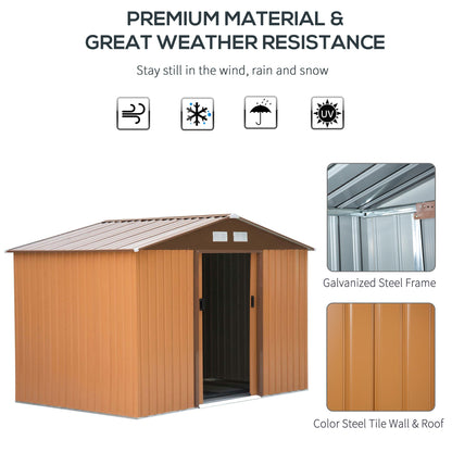 Outsunny 9 x 6ft Metal Garden Shed, Outdoor Storage Tool House with Ventilation Slots, Foundation Kit and Lockable Double Doors, Yellow