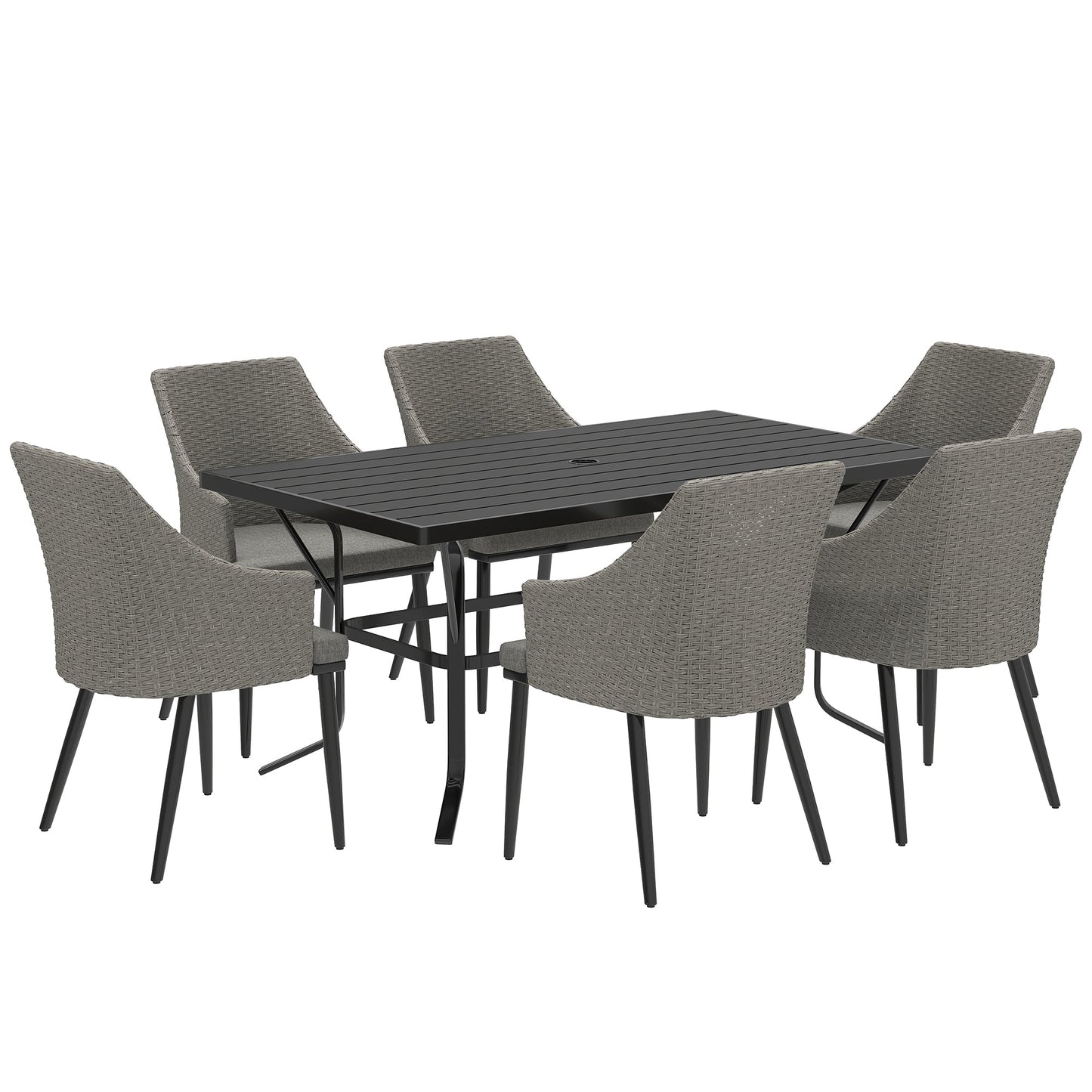 Outsunny 6 Seater Rattan Dining Set with Cushions, Garden Furniture Set with Armchairs, Rectangle Slatted Table Top, Steel Frame, Parasol Hole, Wicker Outdoor Furniture for Patio, Balcony, Grey