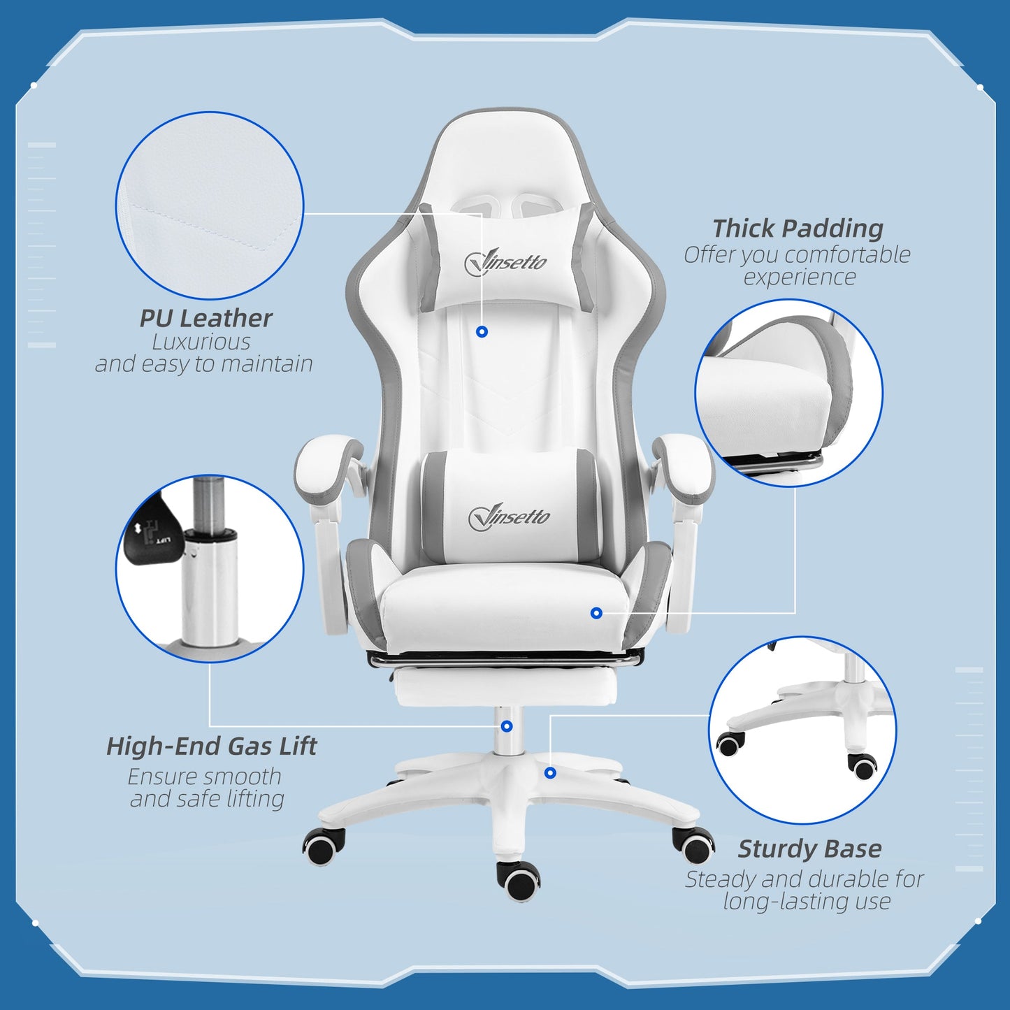 Vinsetto Computer Gaming Chair, PU Leather Desk Chair with Footrest, Swivel Task Chair with 135¡ Reclining Back and Lumbar Support, PC Chair for Adults, White and Grey