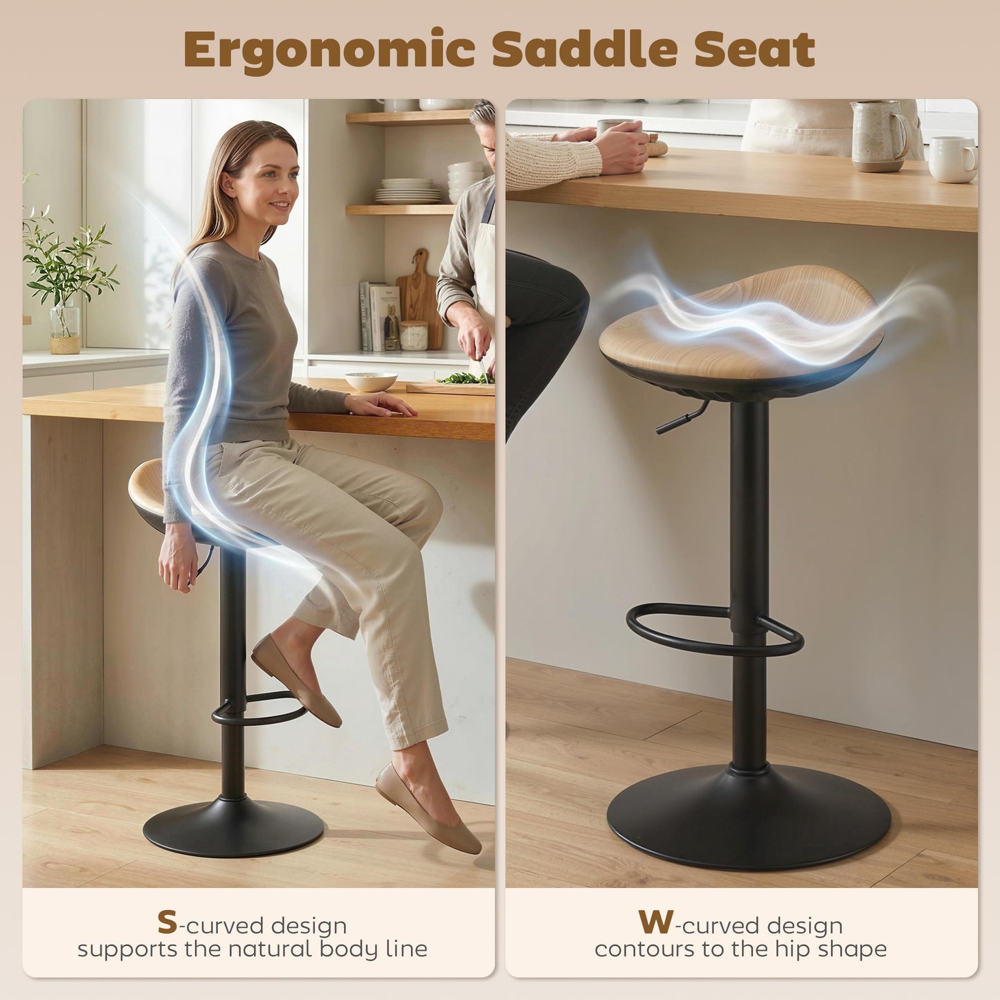 HOMCOM Set of 2 Barstools PU Leather Kitchen Stools with Saddle Seat Height Adjustable Swivel Kitchen Chairs with Footrest Oak