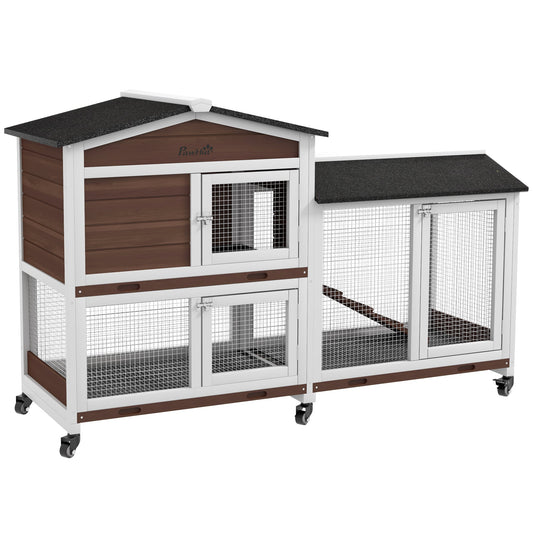 PawHut Wooden Two-Tier Pet Hutch with Wheels, Run - Brown